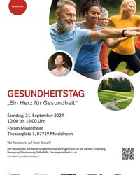 Bei dem Bild handelt es sich um das Plakat zum Gesundheitstag mit allen wichtigen Informationen wie Uhrzeit, Datum, Ort und Verweis auf die Website mit weiteren Informationen. 